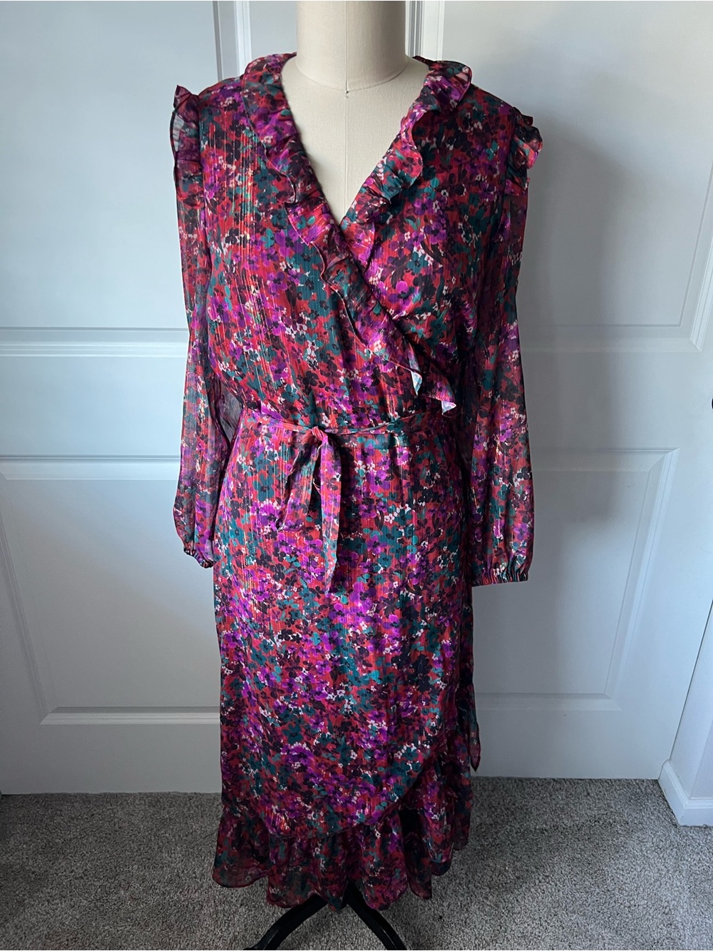 Adelyn Rae Floral Wrap Midi Dress - Pink & Teal Multi